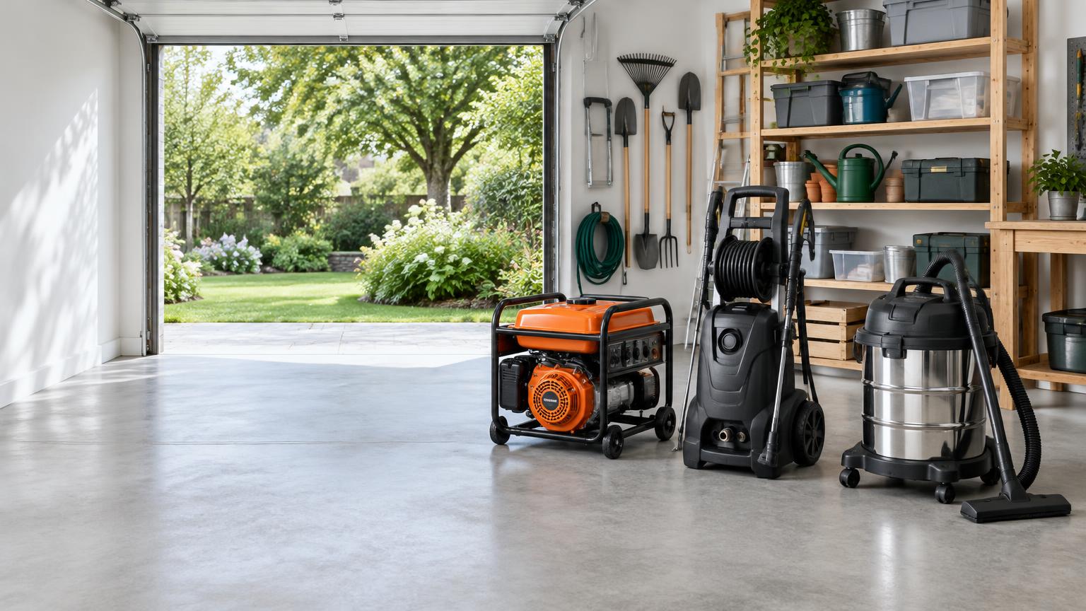 Generator, pressure washer and vacuum in a home workshop